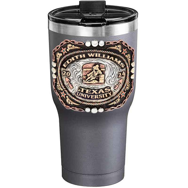 A customized tumbler made of stainless steel with a personalized engraved name and Texas University lettering with barrel racing figure, 30 oz, ideal for coffee or cool drinks